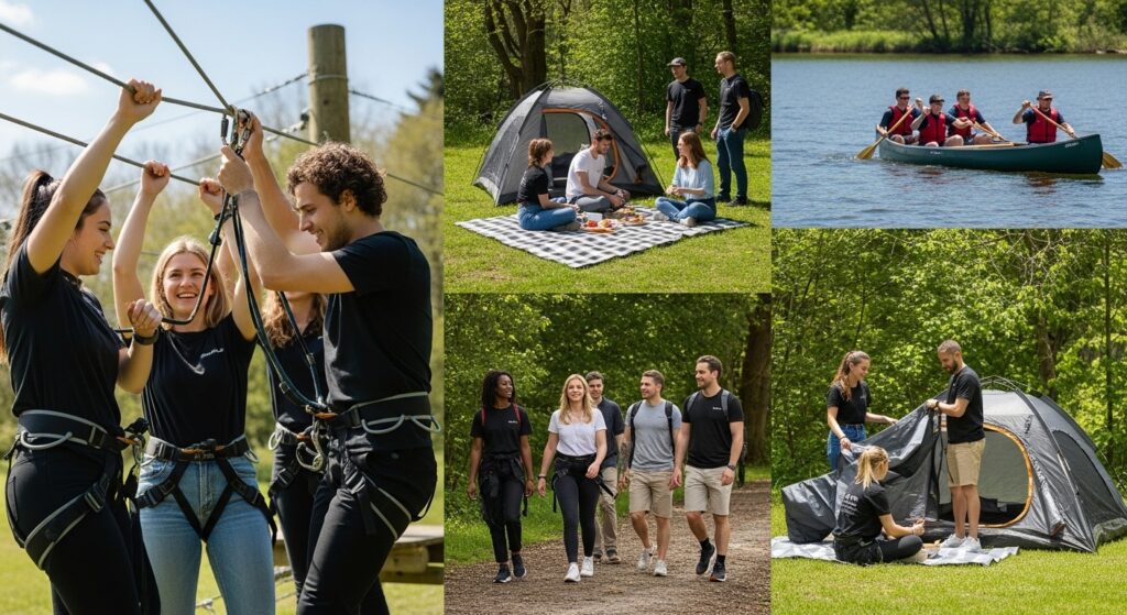 group outdoor activities, team building, nature recreation